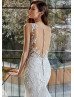 Beaded Ivory Lace Tulle Buttons Back Modern Wedding Dress